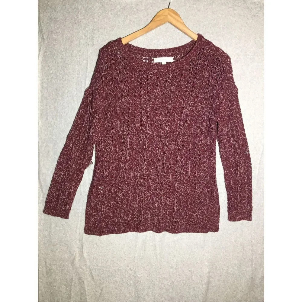 Womens Loft Sweater Red White Knit Petite Transitional Maroon